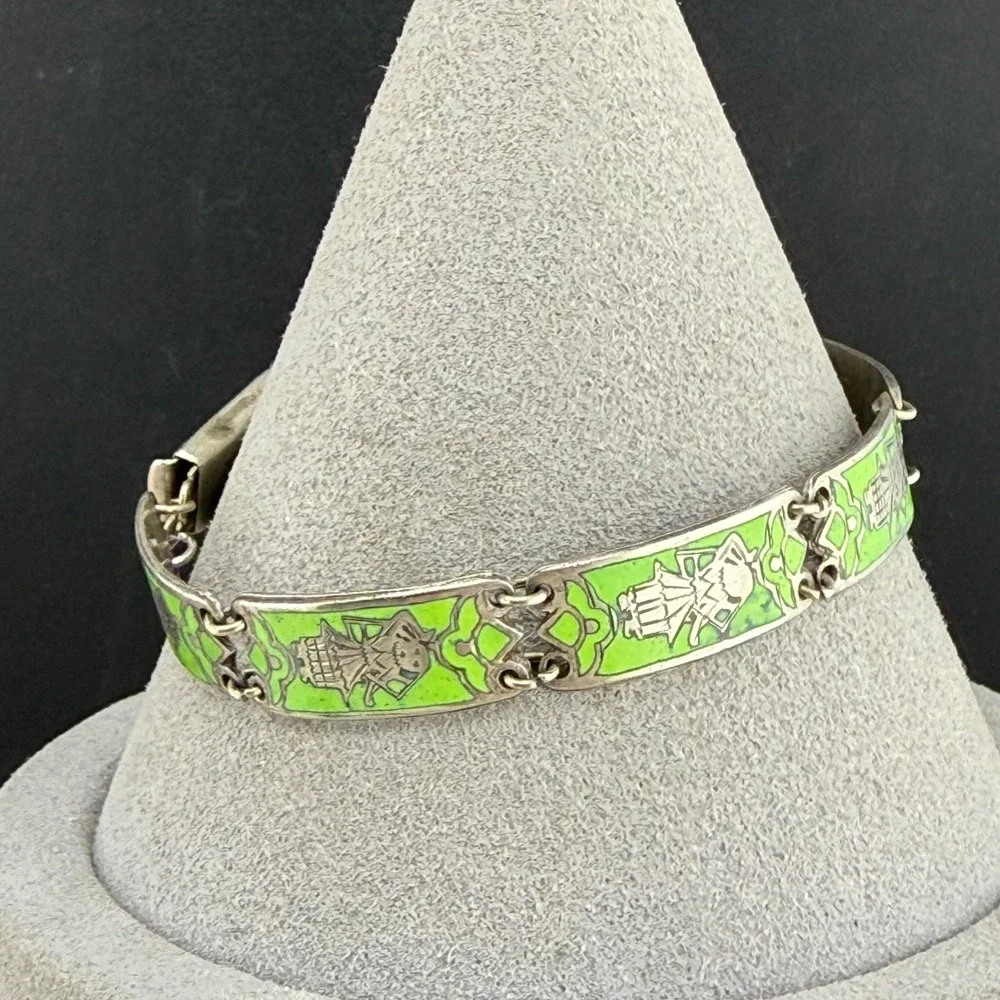 Vintage Enamel Panel Bracelet Green Figural Link 7in